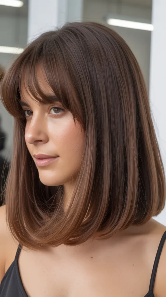 Long Bob with Curtain Bangs for Round Faces
