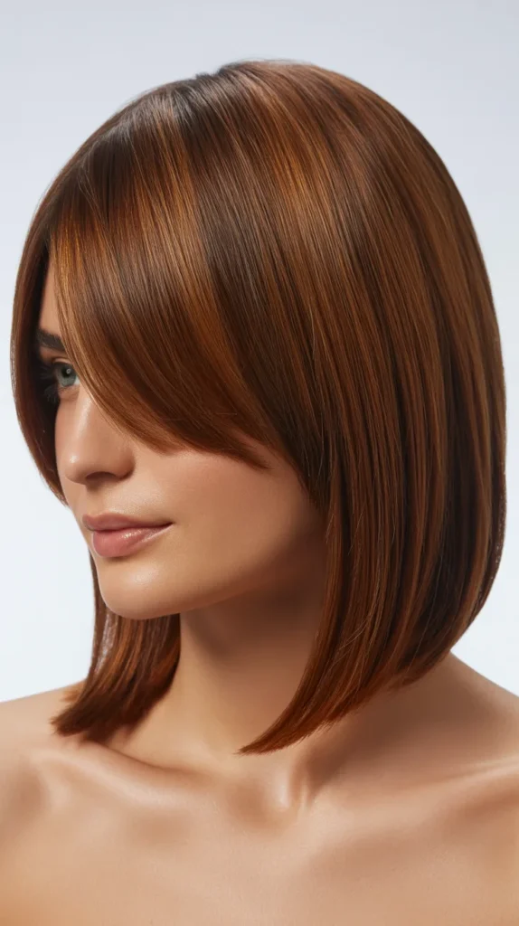 Sleek Asymmetrical Long Bob with Side-Swept Curtain Bangs