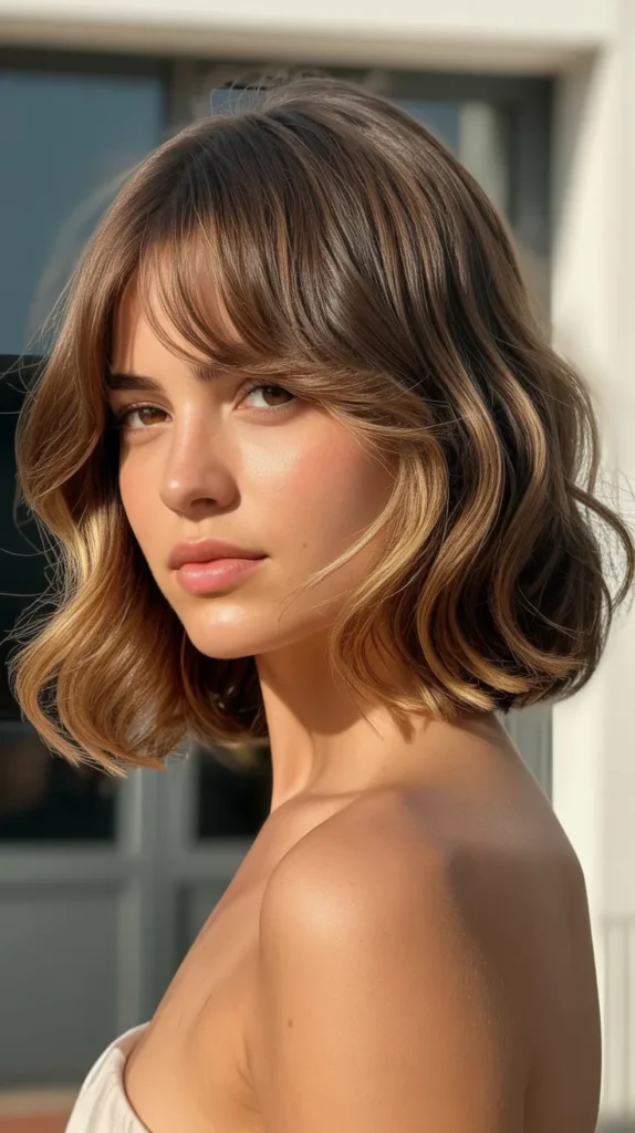 Long Bob with Curtain Bangs Styled with Beach Waves