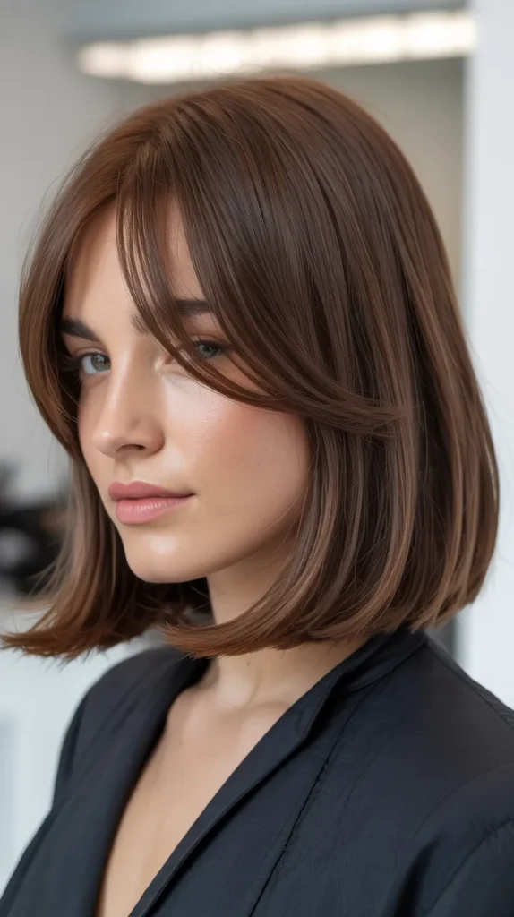  Long Bob with Curtain Bangs for Square Faces