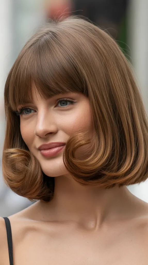 Long Bob with Curtain Bangs and Retro Flipped Ends