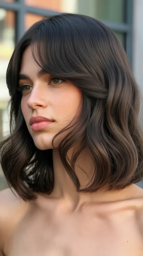 Wavy Long Bob with Curtain Bangs and Face-Framing Layers