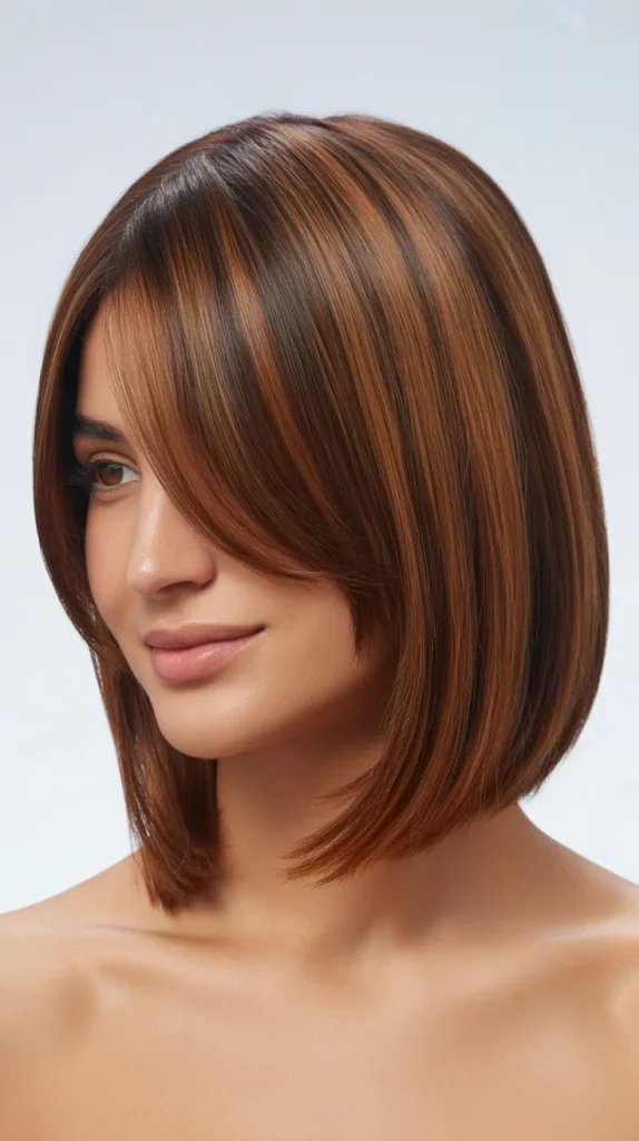 Angled Long Bob with Side-Swept Curtain Bangs