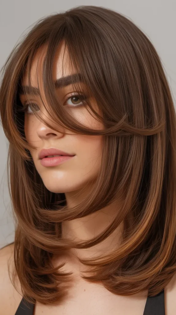 Brunette Long Bob with Caramel Curtain Bangs
