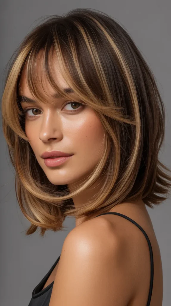 Balayage Long Bob with Curtain Bangs and Textured Ends