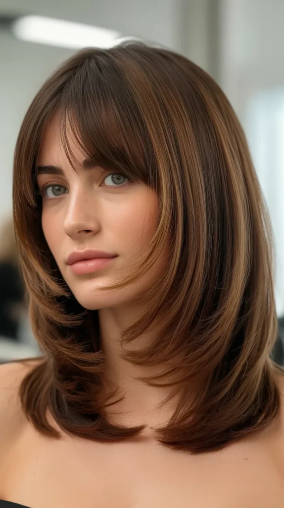 Layered Long Bob with Curtain Bangs for Heart-Shaped Faces