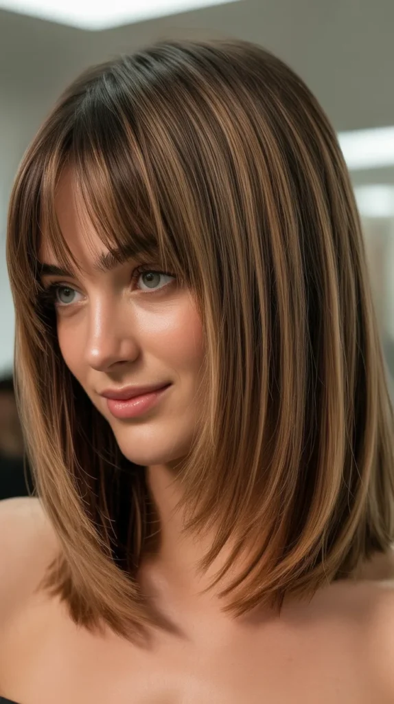 Angled Long Bob with Graduated Curtain Bangs
