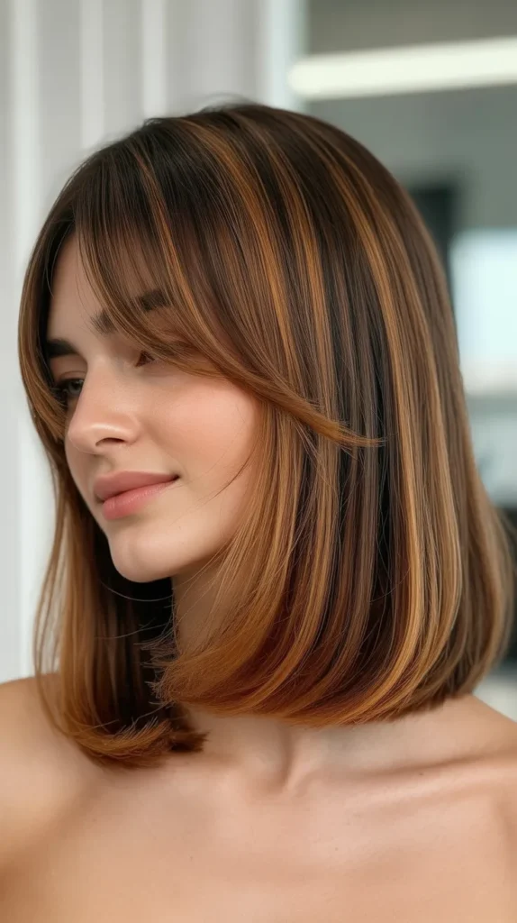 Long Bob with Curtain Bangs and Caramel Balayage