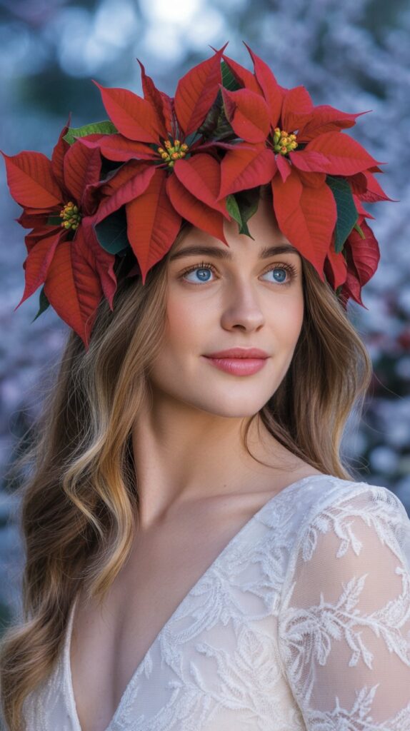 27 Stunning Christmas Tree Hairstyles to Shine Bright at Any Party 21 Poinsettia Flower Crown