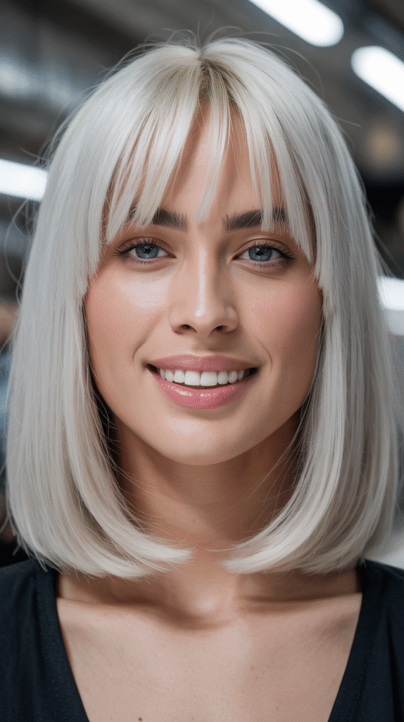 30 Stunning Long Bob with Curtain Bangs Ideas 26 Long Bob with Curtain Bangs and Platinum Blonde Color