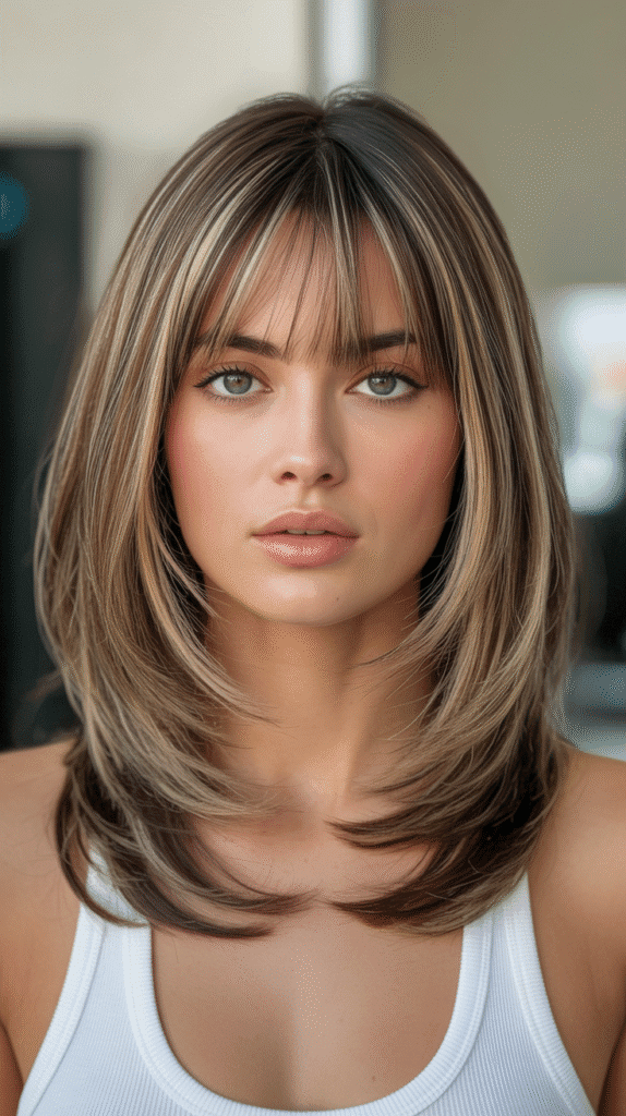 30 Stunning Long Bob with Curtain Bangs Ideas 16 Long Bob with Curtain Bangs and Lowlights