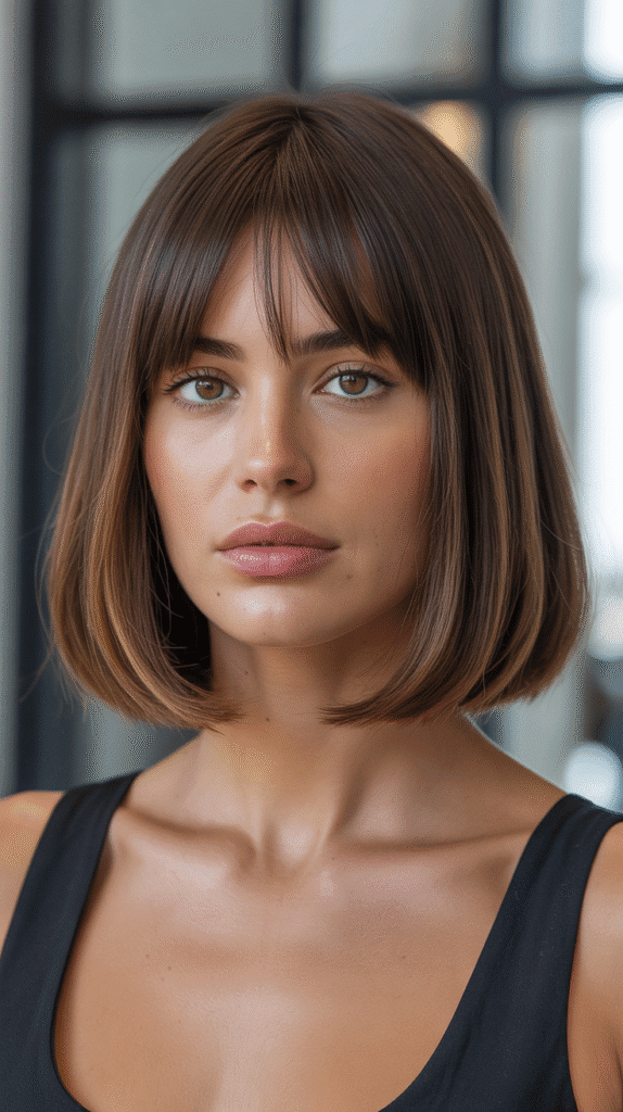 30 Stunning Long Bob with Curtain Bangs Ideas 1 Classic Blunt Long Bob with Wispy Curtain Bangs