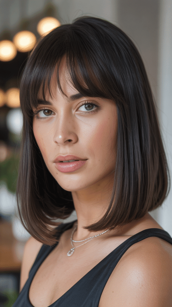 30 Stunning Long Bob with Curtain Bangs Ideas 3 Sleek Straight Long Bob with Center-Parted Curtain Bangs