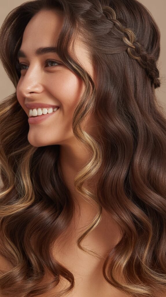 . Subtle Caramel Ribbons Through Chocolate Brown Waves