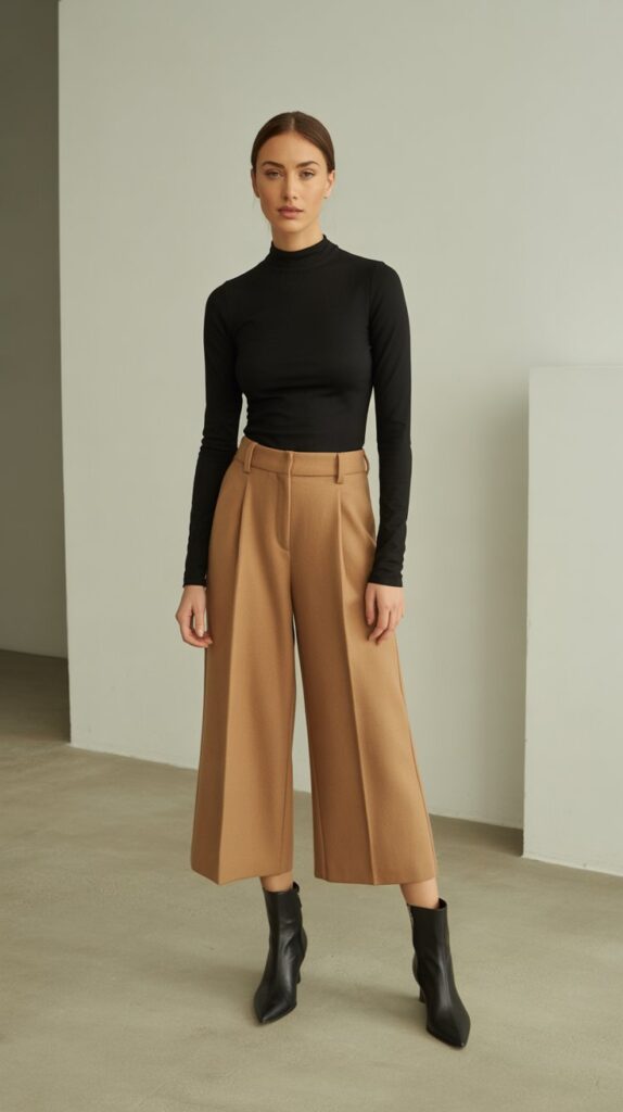 28 Classy Winter Outfits for Women for an Elegant Cold-Weather Look 18 Black Mock Neck with Camel Culottes
