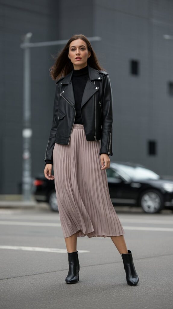 28 Classy Winter Outfits for Women for an Elegant Cold-Weather Look 6 Black Leather Jacket and Midi Skirt Pairing