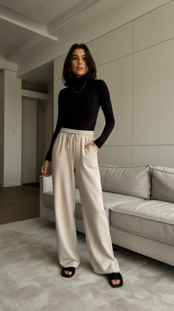 33 Chic Self Care Sunday Outfit Ideas to Dress to Impress 21 Turtleneck Bodysuit with Wide-Leg Joggers