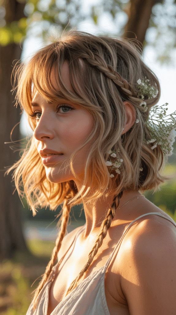 Long Bob with Curtain Bangs and Braided Accents