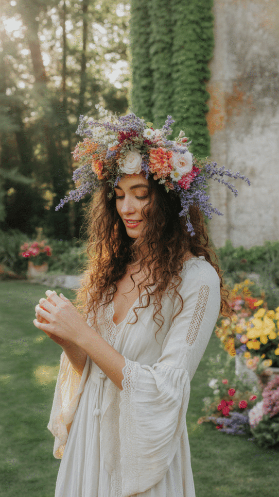Best 30+ Wedding Hairstyles for Long Curly Hair 12 Floral Crown with Natural Curl Definition