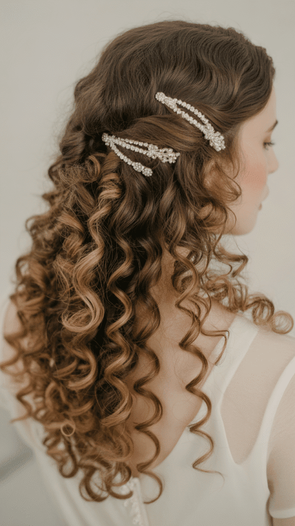 Best 30+ Wedding Hairstyles for Long Curly Hair 20 Pinned Back Sides with Flowing Curls