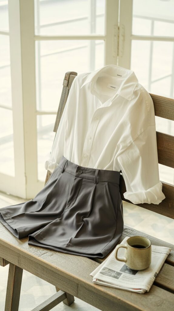 26 Aesthetic Self Care Sunday Outfit Inspirations 12 Oversized Button-Down and Shorts Pairing