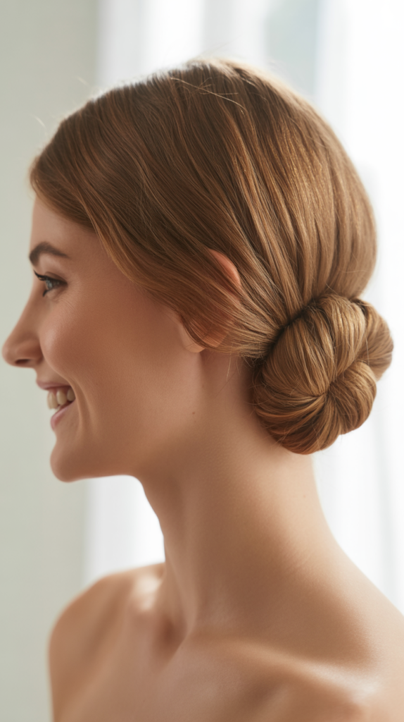 Straight Hair in Low Twisted Bun