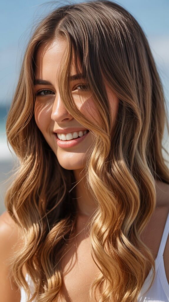 34 Trendy Brunette Balayage Hairstyles with a Money Piece 22 Toffee Brown with Sun-Kissed Blonde Money Piece