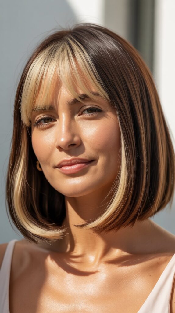 30 Stylish Long Bob with Curtain Bangs for Women Over 40 21 Long Bob with Curtain Bangs and Money Pieces