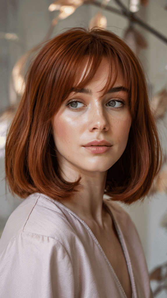 Long Bob with Curtain Bangs and Red Tones