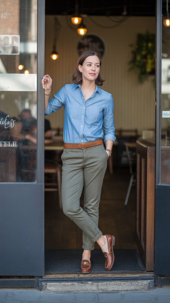 32 Chic Casual Fall Outfits for Women in Their 30s 21 The Chambray Shirt Versatility