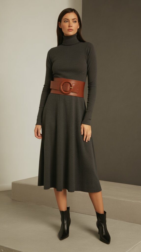 28 Classy Winter Outfits for Women for an Elegant Cold-Weather Look 8 Charcoal Turtleneck Dress with Statement Belt