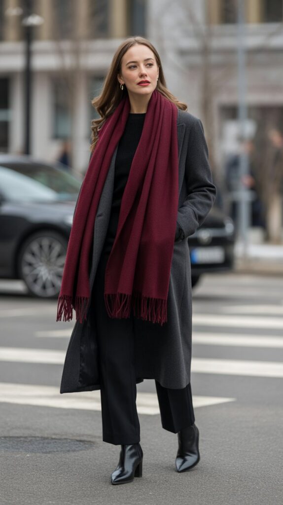 28 Classy Winter Outfits for Women for an Elegant Cold-Weather Look 25 Charcoal Coat with Burgundy Scarf Accent