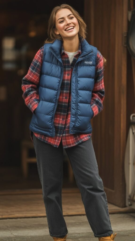 Quilted Vest over Flannel Shirt and Jeans