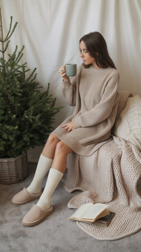 33 Chic Self Care Sunday Outfit Ideas to Dress to Impress 18 Cozy Sweater Dress with Knee-High Socks