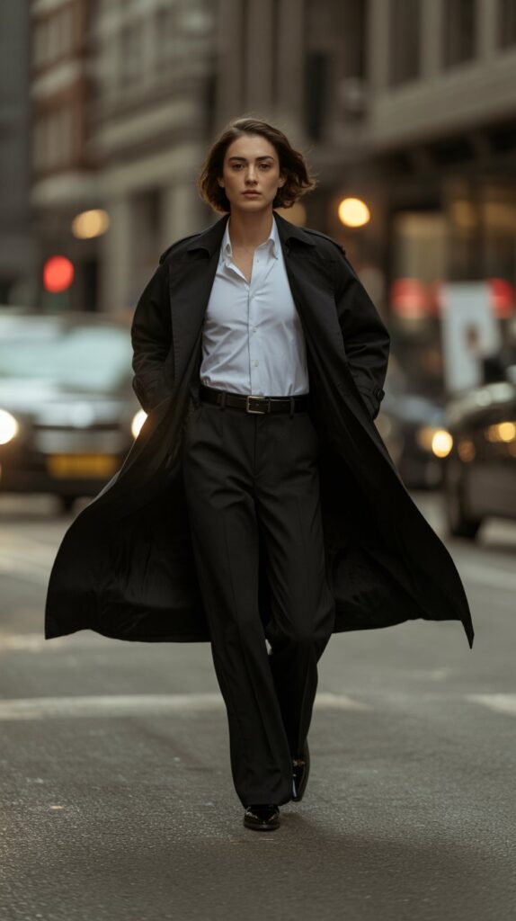 28 Classy Winter Outfits for Women for an Elegant Cold-Weather Look 12 Black Trench Coat Over Monochrome Look