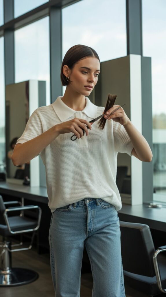 33 Chic Hairstylist Outfits for Work This Summer 12 Knit Polo Shirt with Straight-Leg Jeans