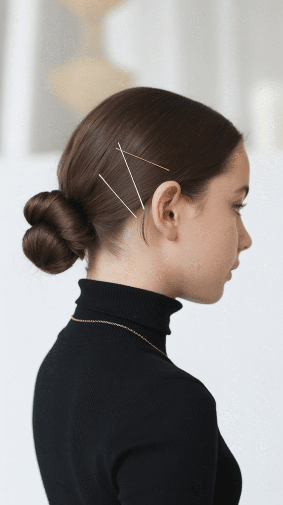 27 Stylish Cute Winter Hairstyles for Teens 16 Low Bun with Crossed Bobby Pins