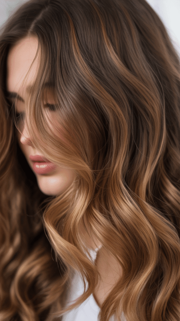  Caramel Highlights on Brown Waves with Root Stretch