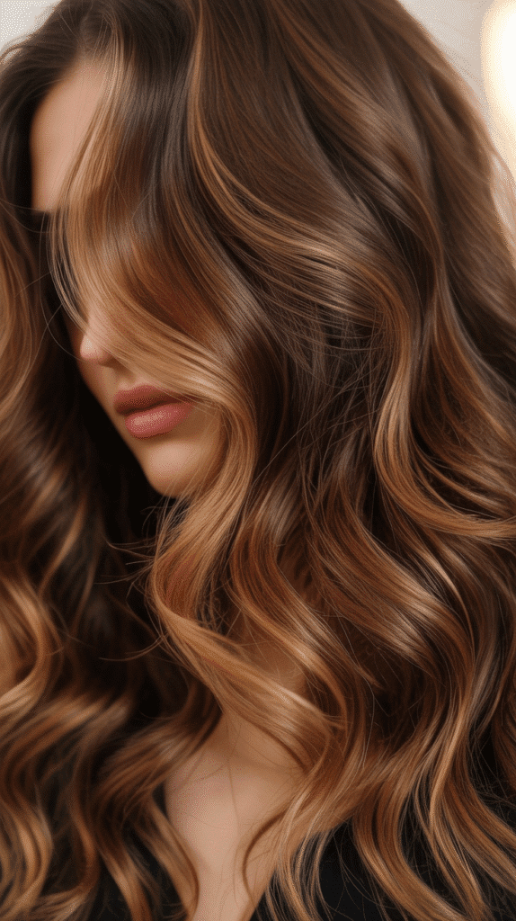 Caramel Highlights on Brown Waves with Dimension at Crown