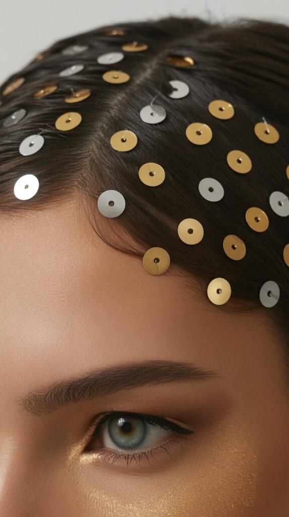 27 Stunning Christmas Tree Hairstyles to Shine Bright at Any Party 23 Sequined Hair Part Design