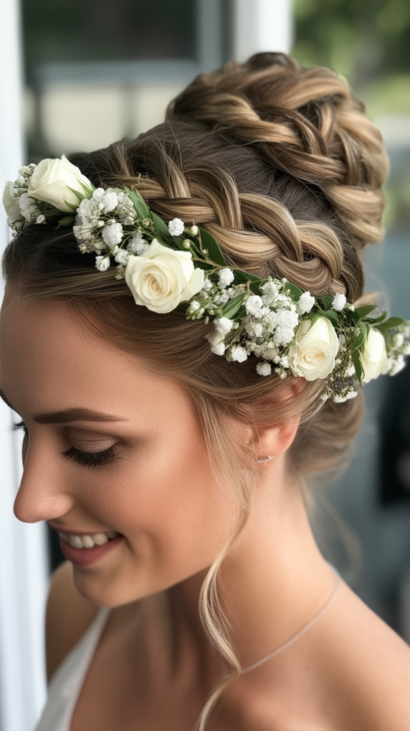 Braided Bun with Floral Crown Integration
