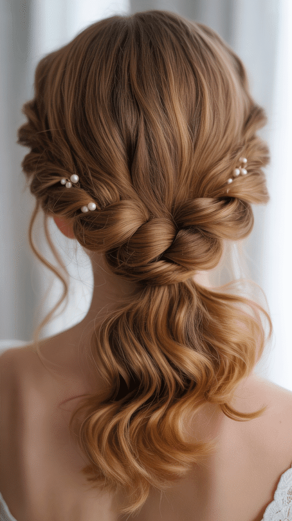 Best 30+ Wedding Hairstyles for Long Curly Hair 17 Crown Twist with Low Ponytail