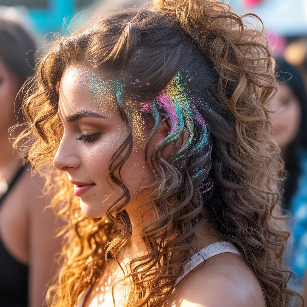 33 Modern Half Up Half Down Curly Hair Ideas That Will Turn Heads on Any Occasion 22 . Glitter Roots Half Up