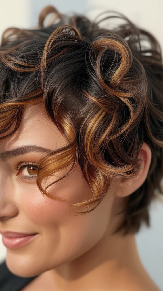 Caramel Highlights on Curly Pixie Cut