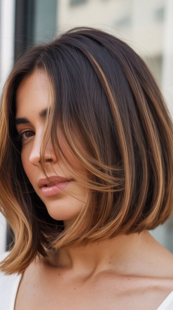 Bob with Caramel Highlights and Dark Root Shadow