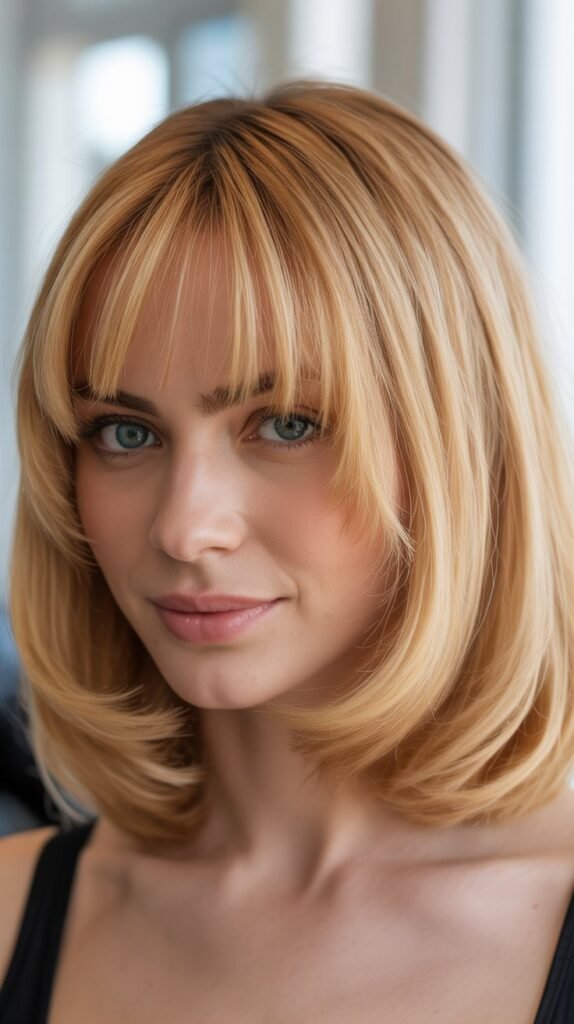 Buttered Popcorn Blonde Lob with Rounded Curtain Bangs