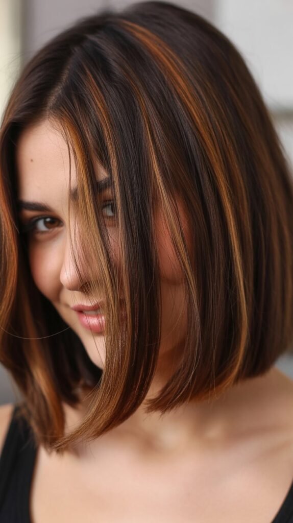Bob with Caramel Highlights and Curtain Bangs