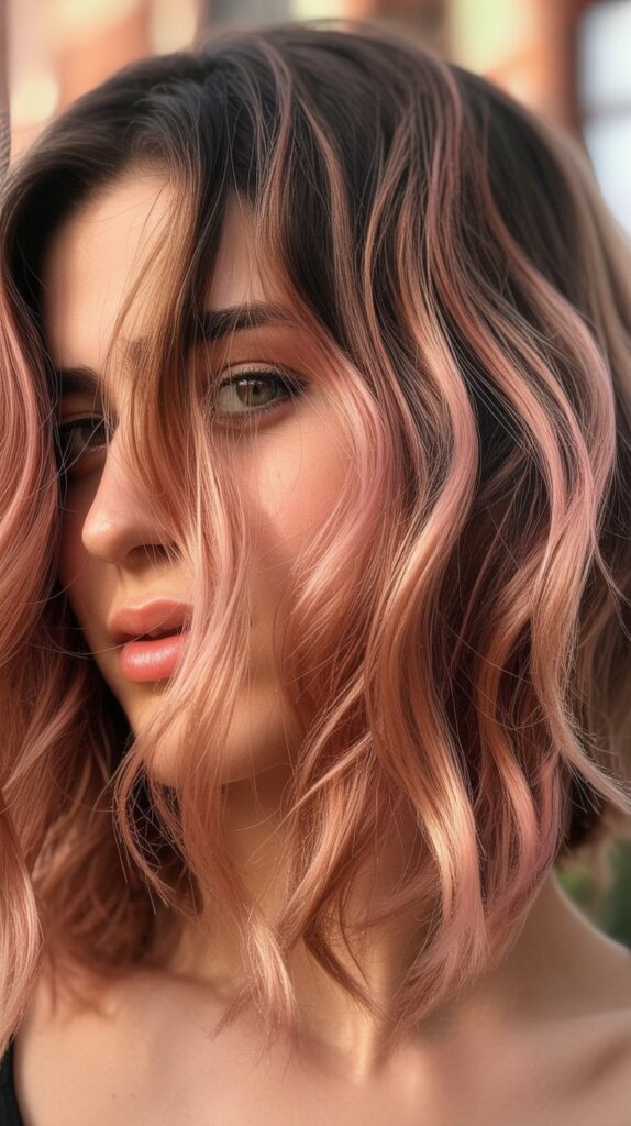 Textured Choppy Bob with Rose Gold Balayage