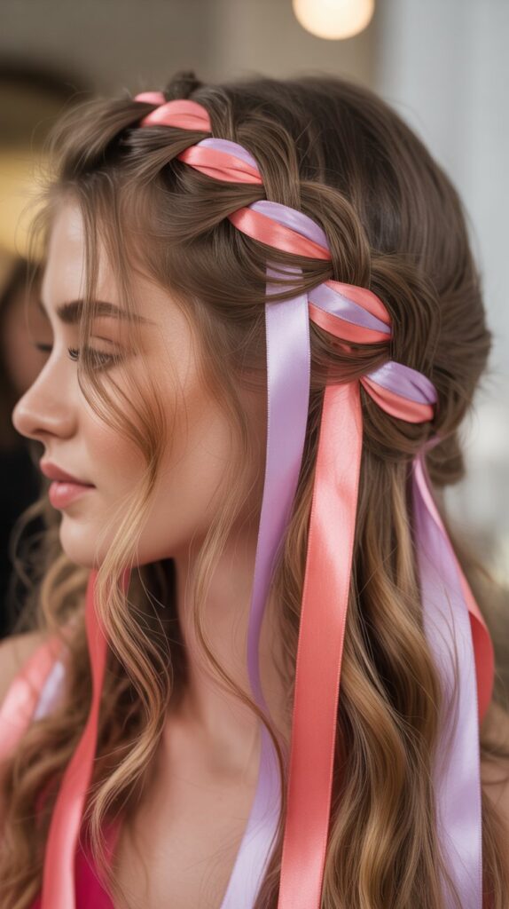 Top 27+ Half-Up Half-Down Prom Hairstyles 14 Half-Up with Ribbon Weave