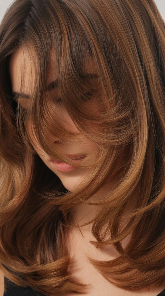 30 Caramel Highlights on Layered Brown Hair 16 Caramel Highlights on Feathered Layers